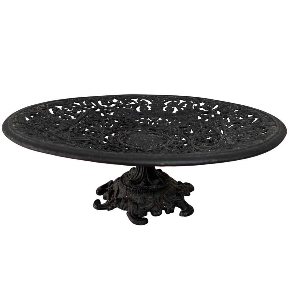 Vtg Gothic Renaissance Revival Ornate Cast Iron Pedestal Dish Tray by Emig 11"